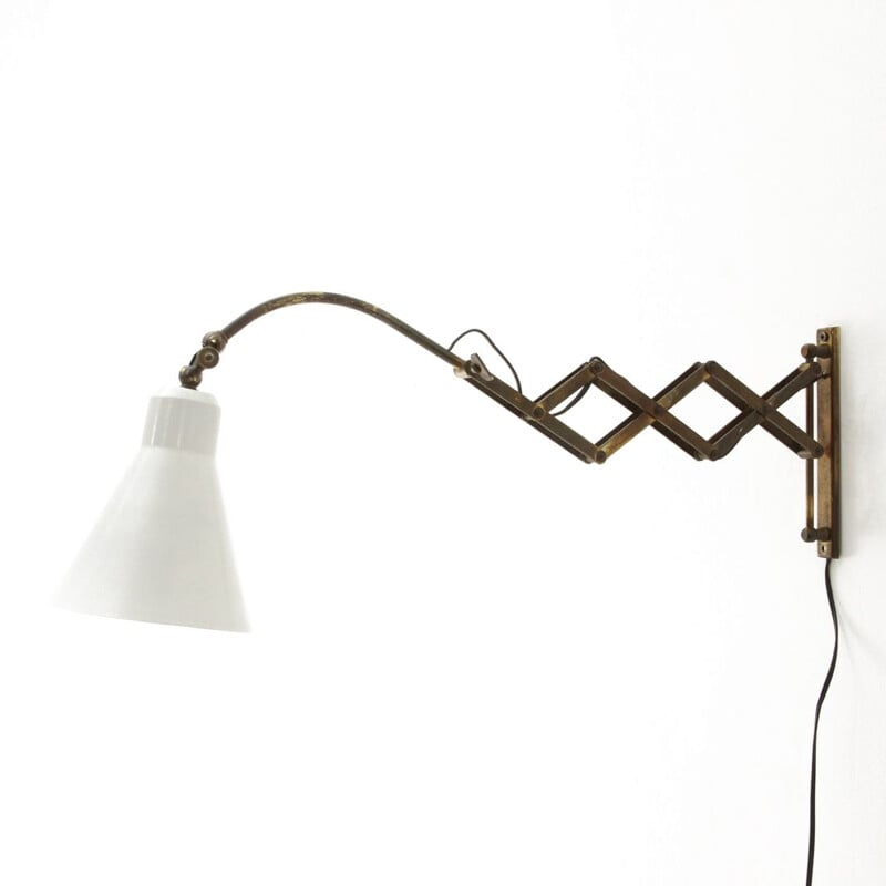 Brass and white italian pantograph wall lamp, 1950s