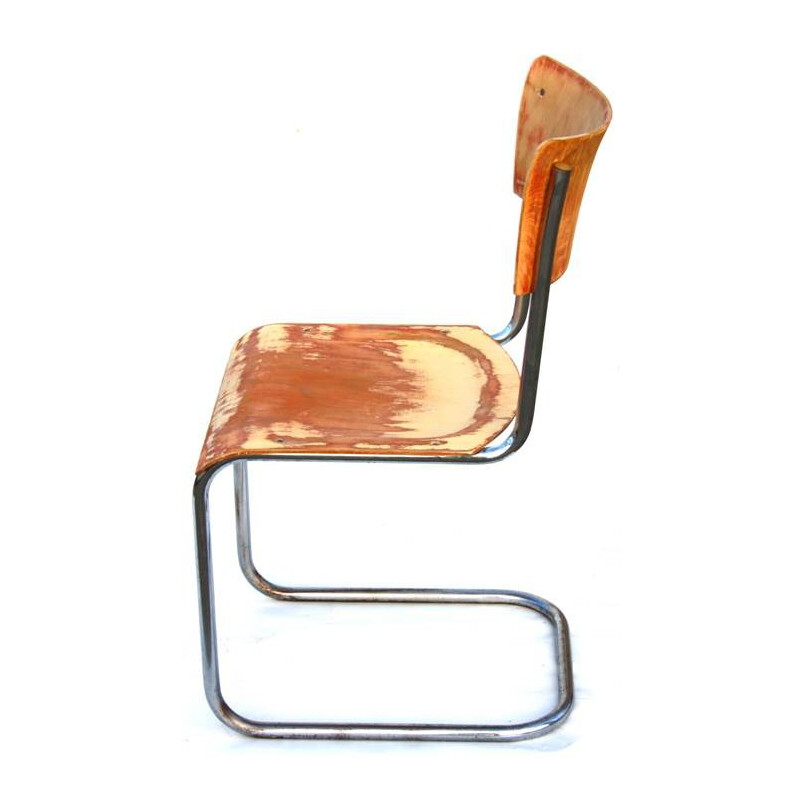 Set of 3 plywood and bent chrome toned steel Cantilever chairs, Mart STAM - 1960s