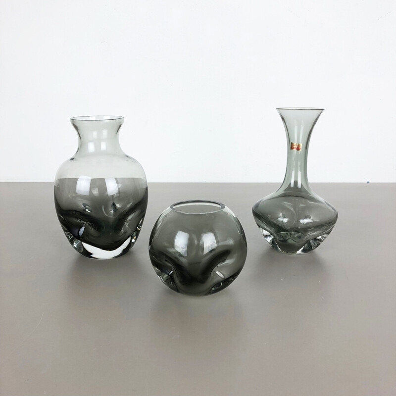 Set di 3 vasi cubici vintage in vetro soffiato a mano di Friedrich Kristall, Germania 1970