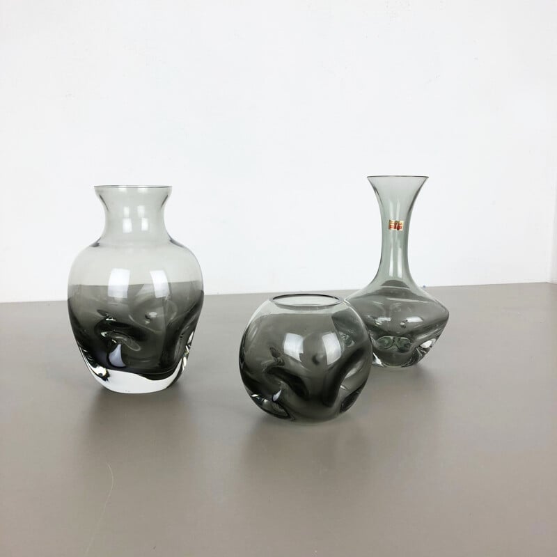 Set of 3 vintage hand-blown crystal glass cubic vases by Friedrich Kristall, Germany 1970