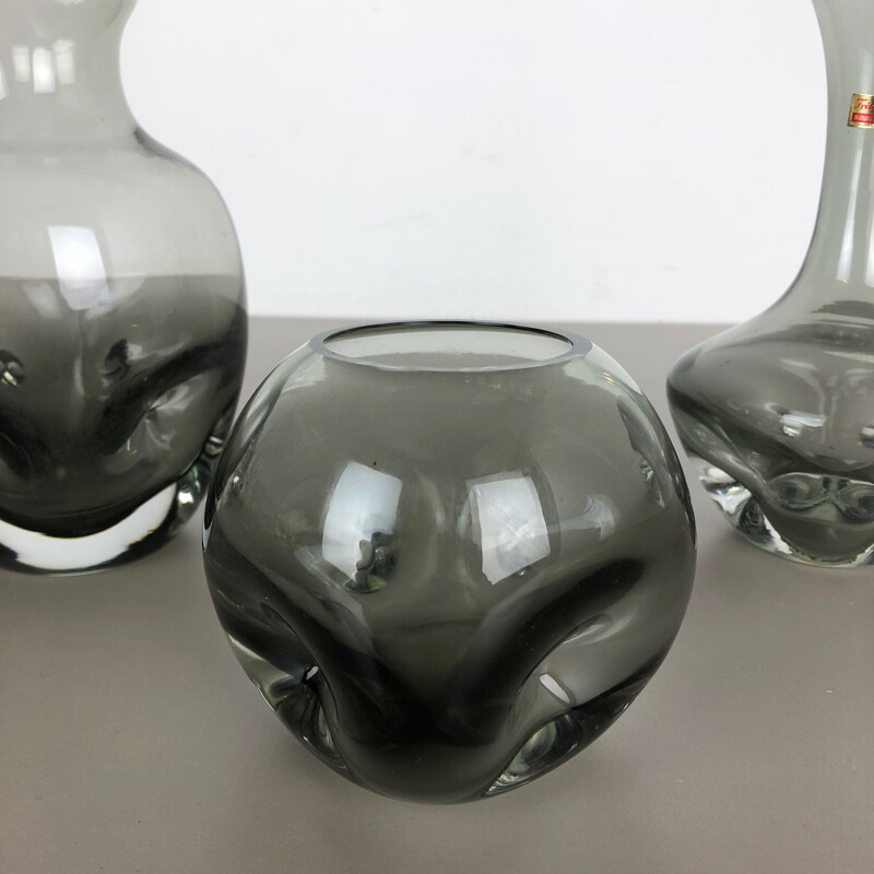 Set of 3 vintage hand-blown crystal glass cubic vases by Friedrich Kristall, Germany 1970