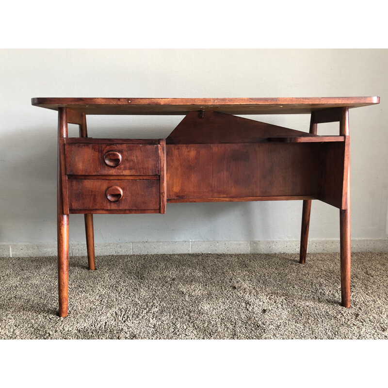 Danish teak desk, compass feet signed by Tibergaard 1960