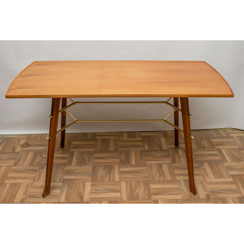 Vintage cherry wood and brass coffee table, 1950