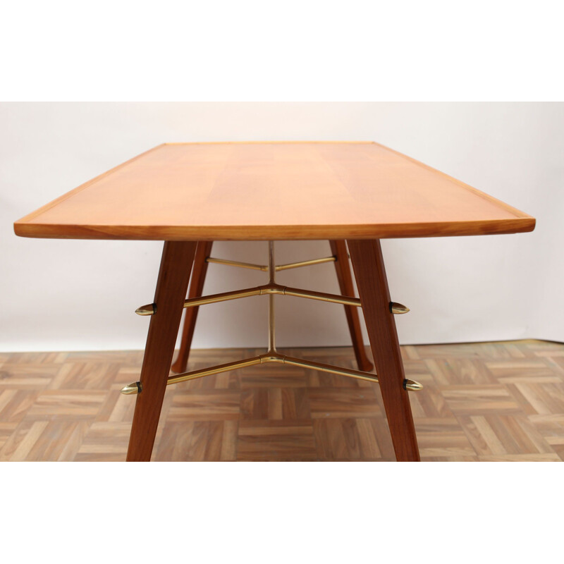 Vintage cherry wood and brass coffee table, 1950