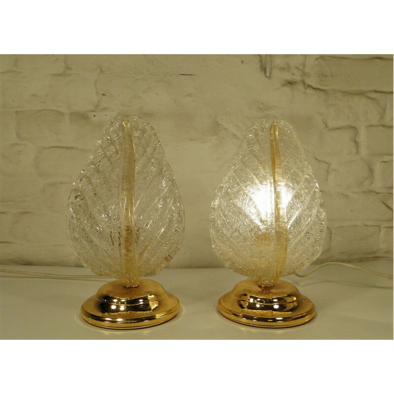 Pair of vintage Murano glass leaf table lamp, 1980s