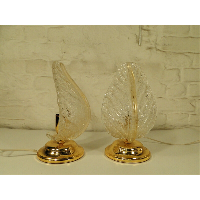 Pair of vintage Murano glass leaf table lamp, 1980s