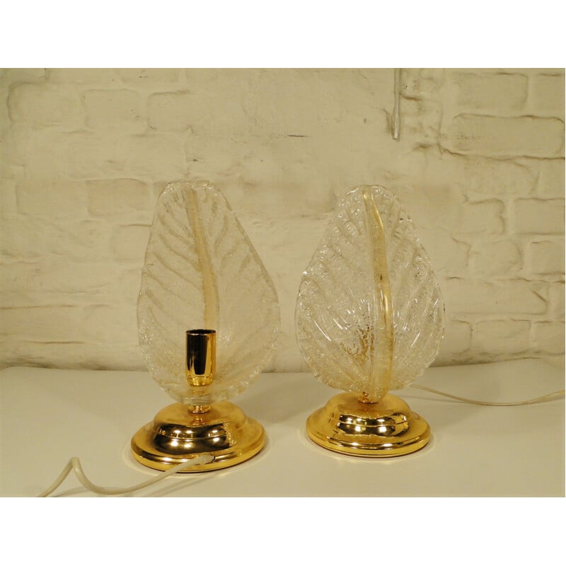 Pair of vintage Murano glass leaf table lamp, 1980s