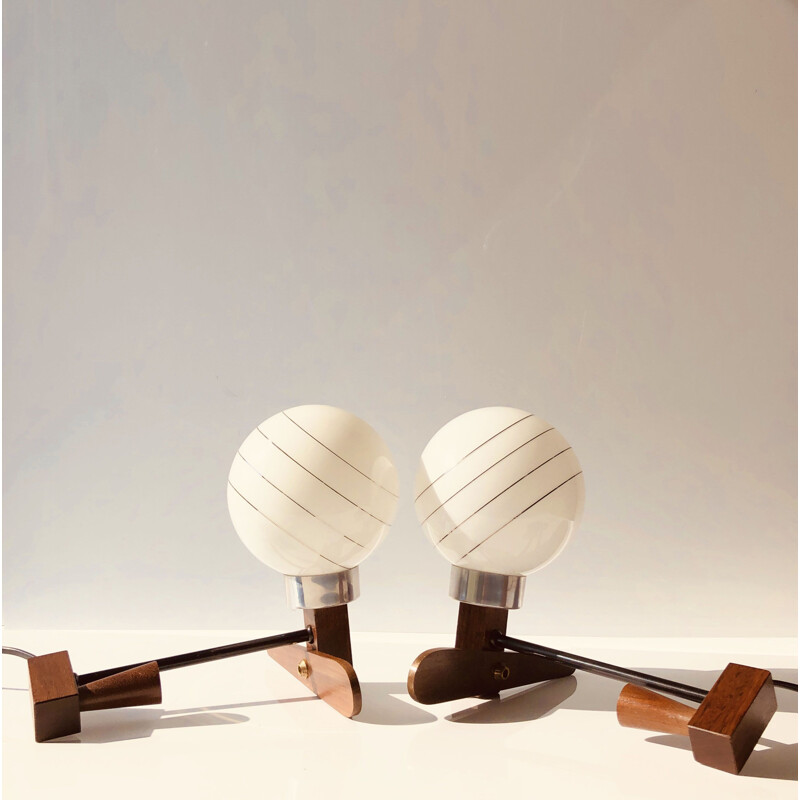 Pair of vintage Scandinavian teak & opaline table lamps, 1960