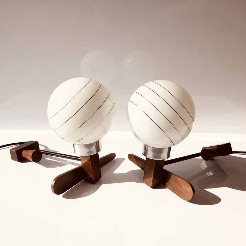 Pair of vintage Scandinavian teak & opaline table lamps, 1960