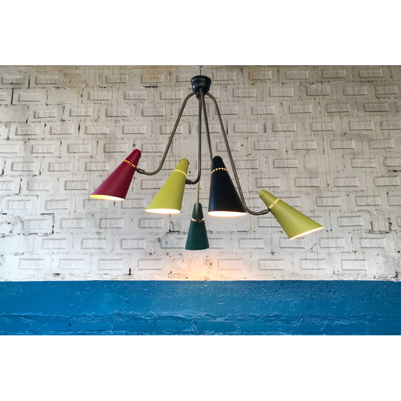 Multicoloured vintage chandelier in brass, metal and lacquered aluminium