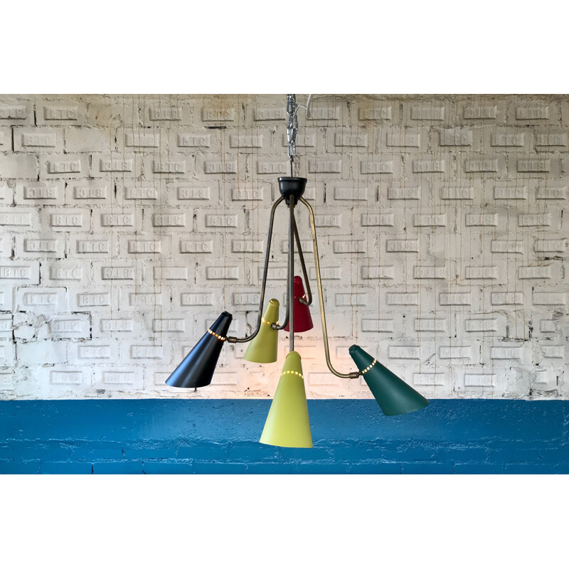 Multicoloured vintage chandelier in brass, metal and lacquered aluminium