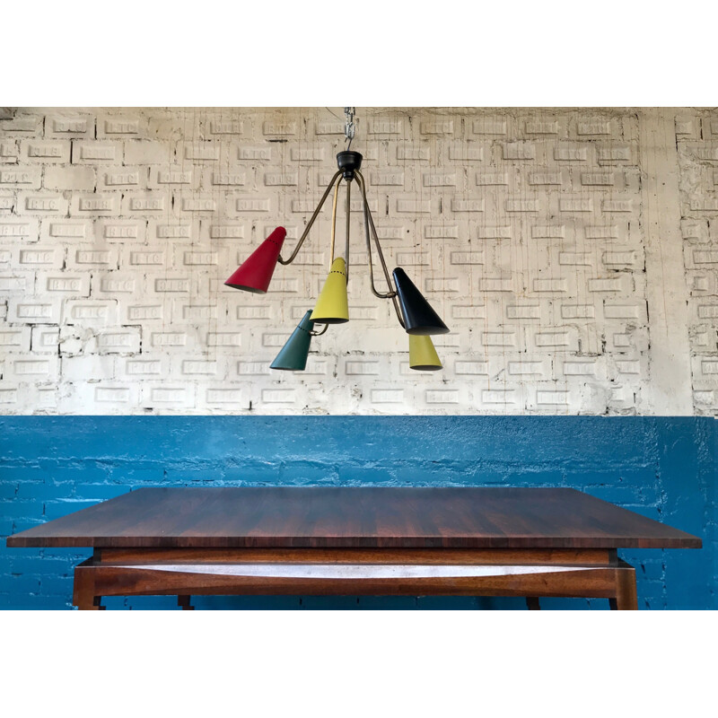 Multicoloured vintage chandelier in brass, metal and lacquered aluminium