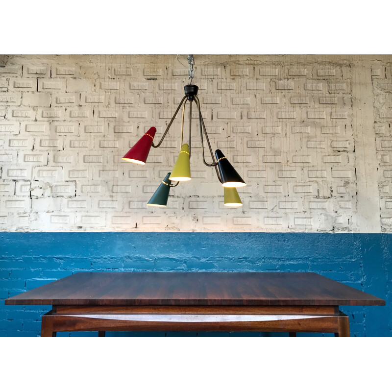 Multicoloured vintage chandelier in brass, metal and lacquered aluminium