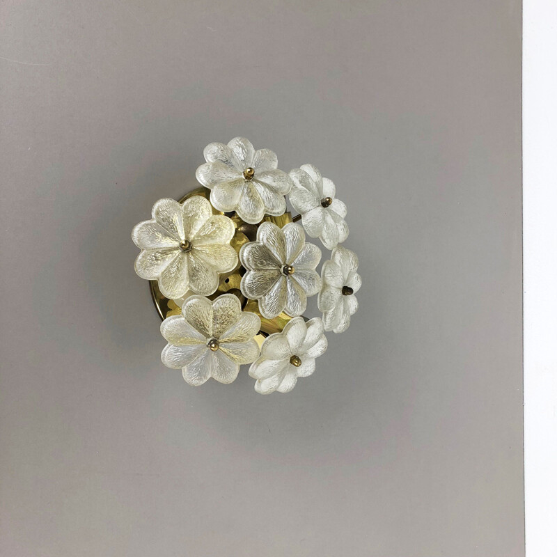 Vintage Large Floral Glass and Brass Sconce Ceiling Wall Light by Ernst Palme Palwa, 1970s Germany