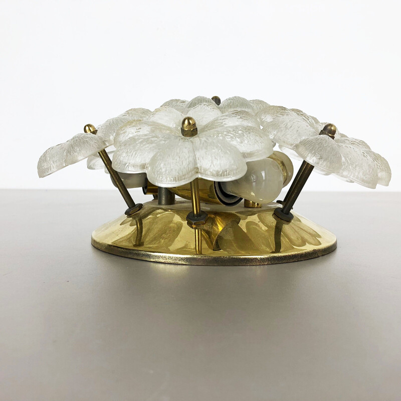Vintage Large Floral Glass and Brass Sconce Ceiling Wall Light by Ernst Palme Palwa, 1970s Germany