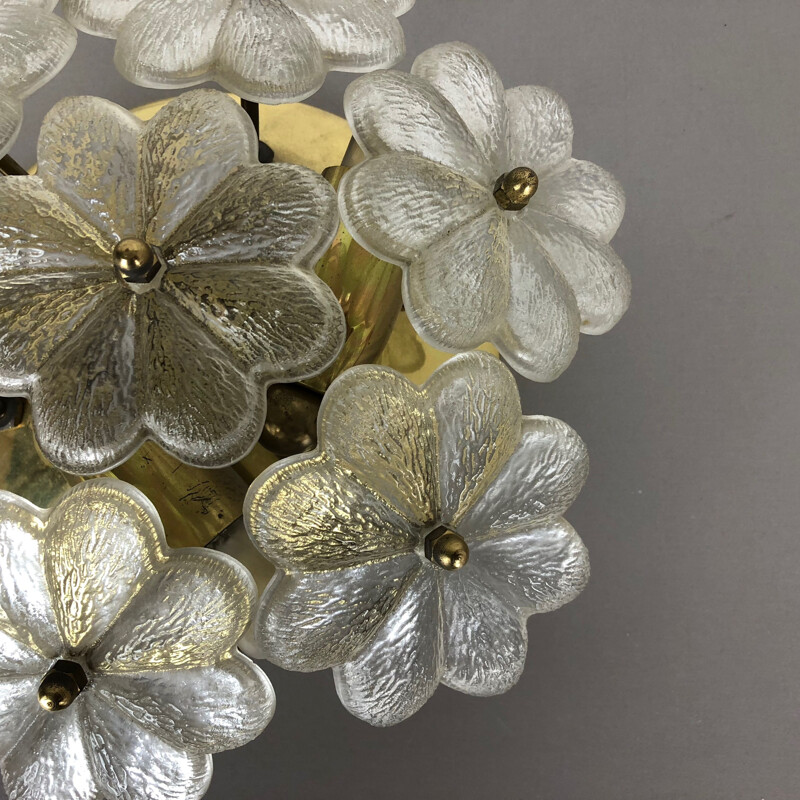 Vintage Large Floral Glass and Brass Sconce Ceiling Wall Light by Ernst Palme Palwa, 1970s Germany