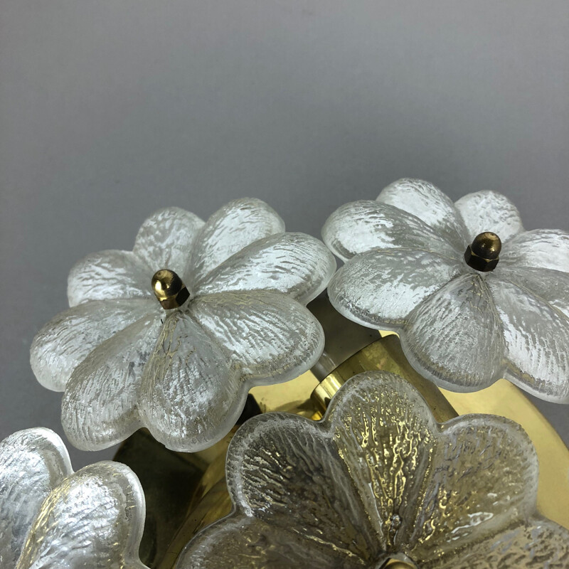 Vintage Large Floral Glass and Brass Sconce Ceiling Wall Light by Ernst Palme Palwa, 1970s Germany