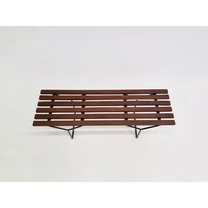 Vintage teak slatted bench with metal foot, 1950