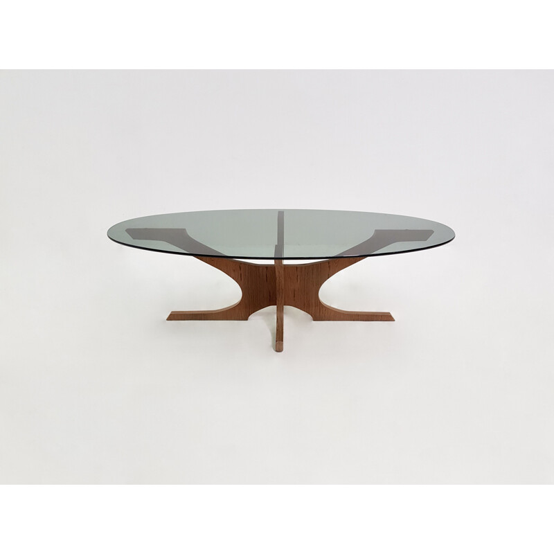 Table basse vintage ovale scandinave en teck et  verre - 1950