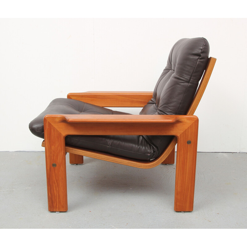 Scandinavian vintage armchair in dark brown leather and teak for ECM Möbler, Denmark 1970