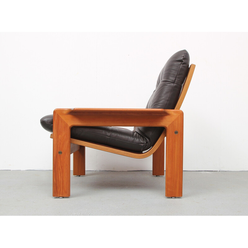 Scandinavian vintage armchair in dark brown leather and teak for ECM Möbler, Denmark 1970