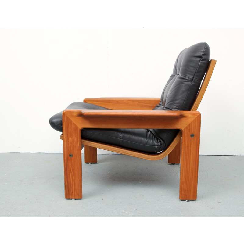 Fauteuil vintage scandinave  en cuir marron foncé et teck pour ECM Möbler , Danemark 1970