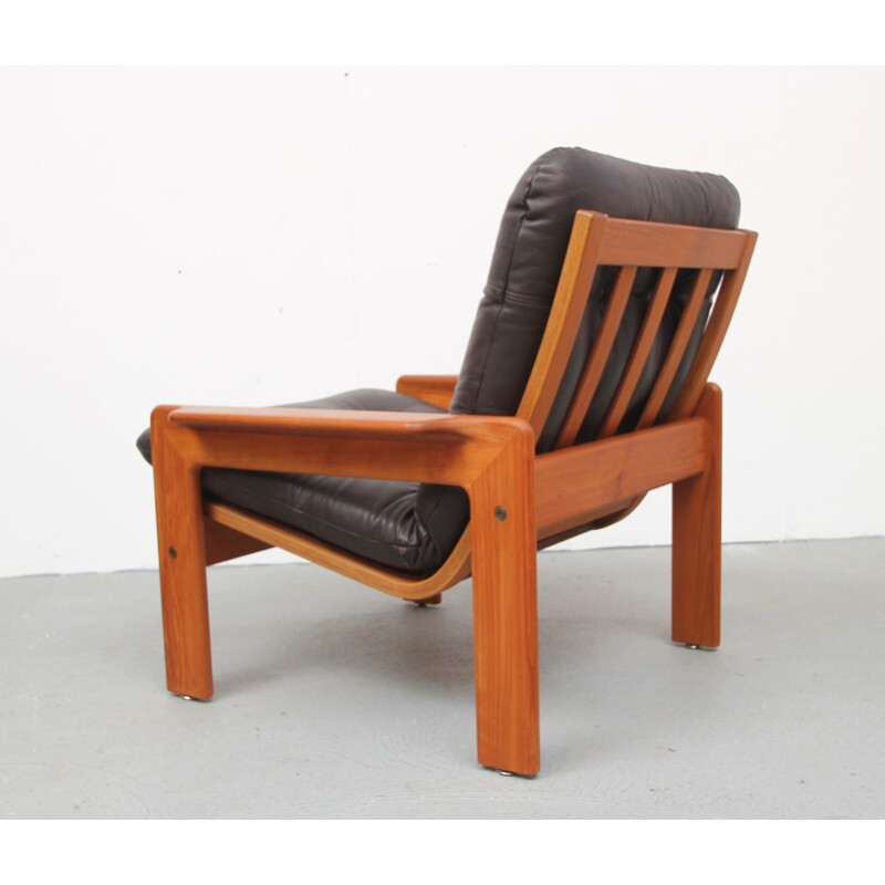 Scandinavian vintage armchair in dark brown leather and teak for ECM Möbler, Denmark 1970