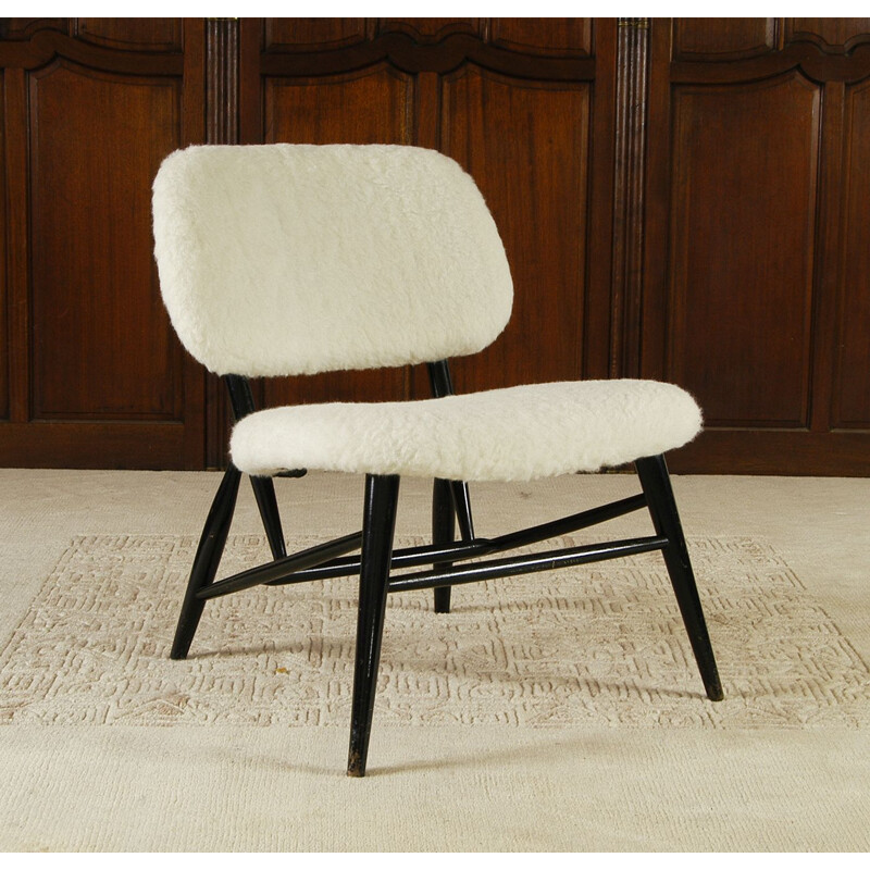 White Wool Ebonised Midcentury Fireside Chair, Swedish Alf Svensson 1950s