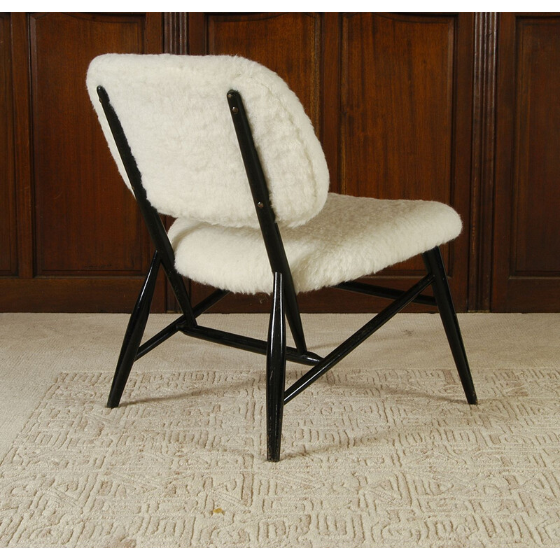 White Wool Ebonised Midcentury Fireside Chair, Swedish Alf Svensson 1950s