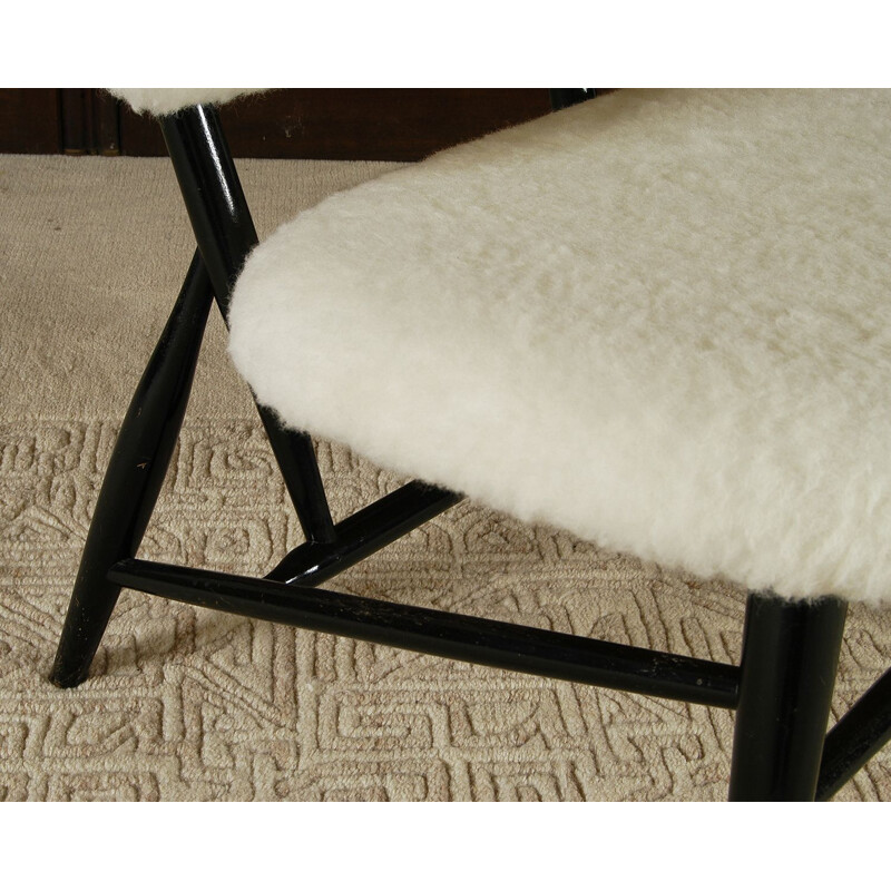 White Wool Ebonised Midcentury Fireside Chair, Swedish Alf Svensson 1950s