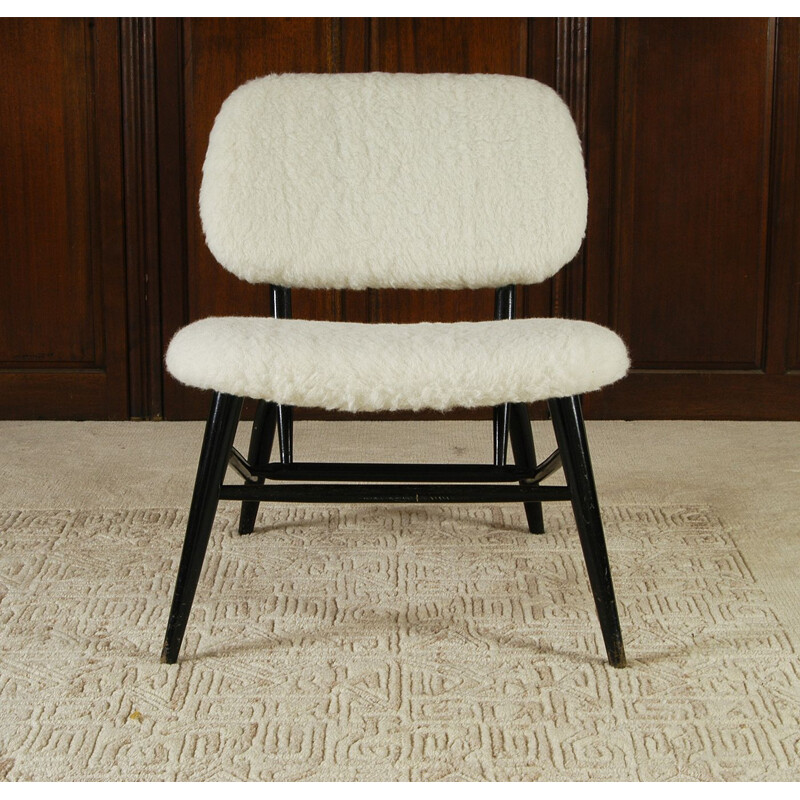 White Wool Ebonised Midcentury Fireside Chair, Swedish Alf Svensson 1950s