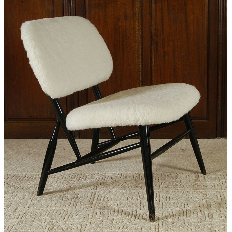 White Wool Ebonised Midcentury Fireside Chair, Swedish Alf Svensson 1950s