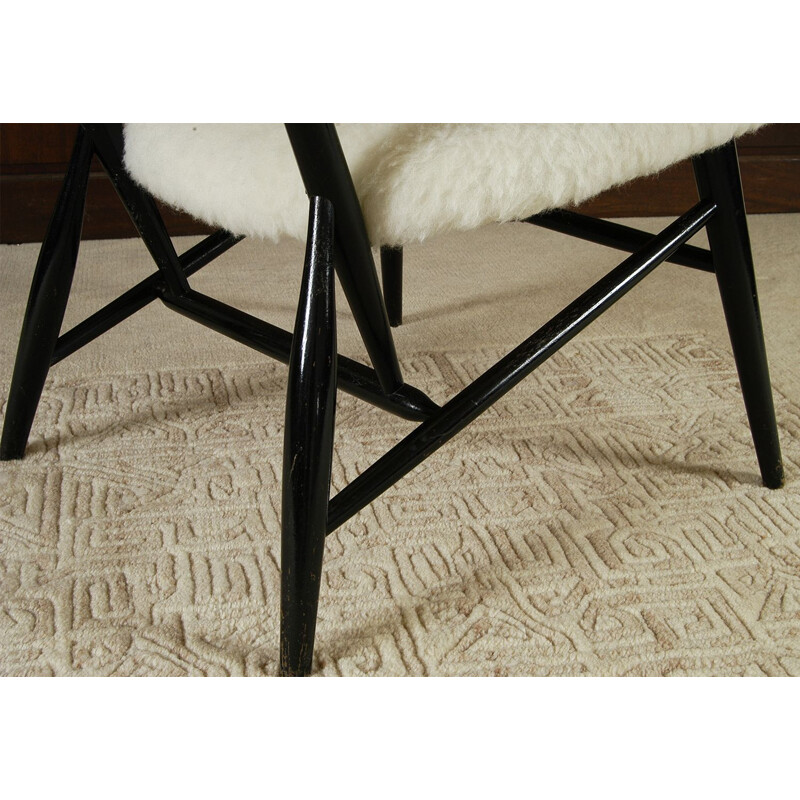 White Wool Ebonised Midcentury Fireside Chair, Swedish Alf Svensson 1950s