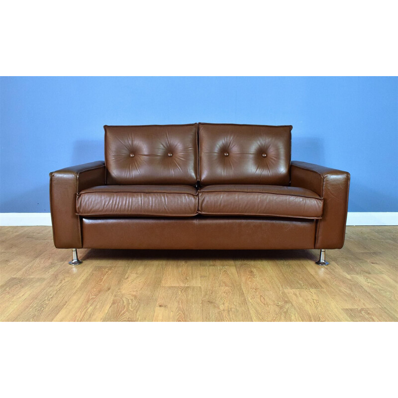 Danish Sofa  Brown Leather & Chrome 2 Seat 1Mid Century 960s