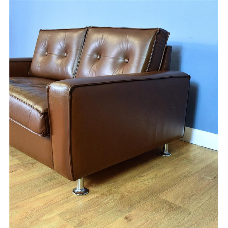 Canapé vintage 2 places en cuir brun et chrome du milieu du siècle au Danemark, années 60