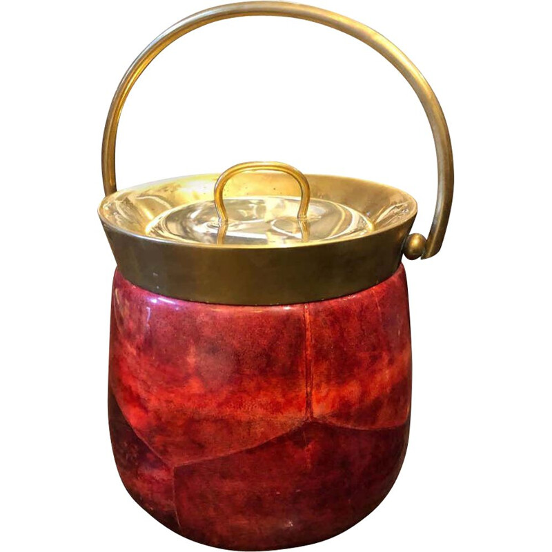 Modern Red Goatskin and Brass Ice Bucket, Mid-Century circa 1950