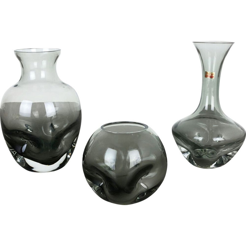 Ensemble de 3 vases vintage cubiques en verre de cristal soufflé à la main par Friedrich Kristall Allemagne, années 1970