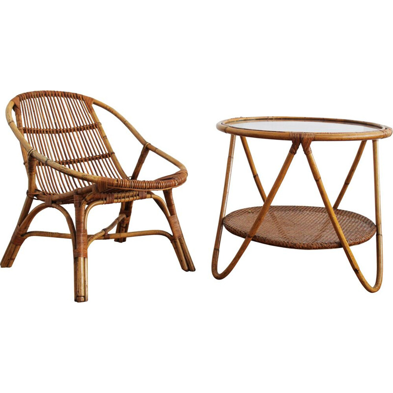1960’s Set of Rattan Armchair and Side Table