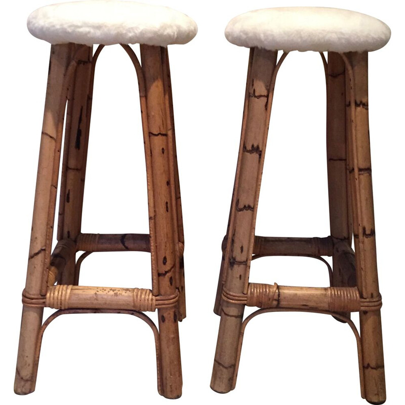 Pair of vintage bamboo barstools, white faux fur seat - 1960