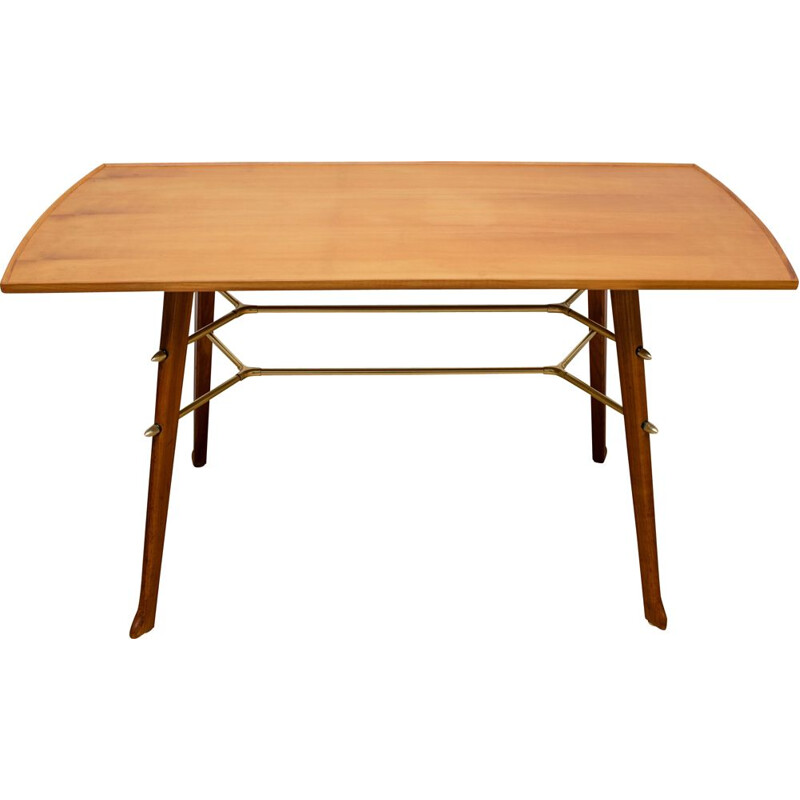 Vintage cherry wood and brass coffee table, 1950
