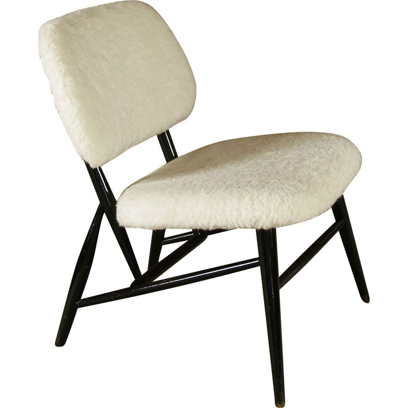 White Wool Ebonised Midcentury Fireside Chair, Swedish Alf Svensson 1950s