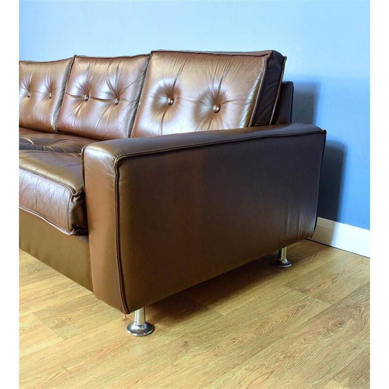 Danish Brown Leather & Chrome 3 Seat Sofa Settee Mid Century 1960s 70s