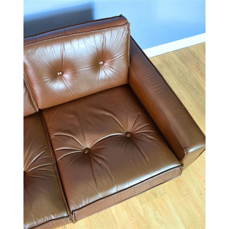 Danish Brown Leather & Chrome 3 Seat Sofa Settee Mid Century 1960s 70s
