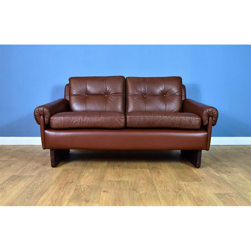 Danish Skippers Mobler Cognac Brown Leather Mid Century 2 Seat Sofa Settee