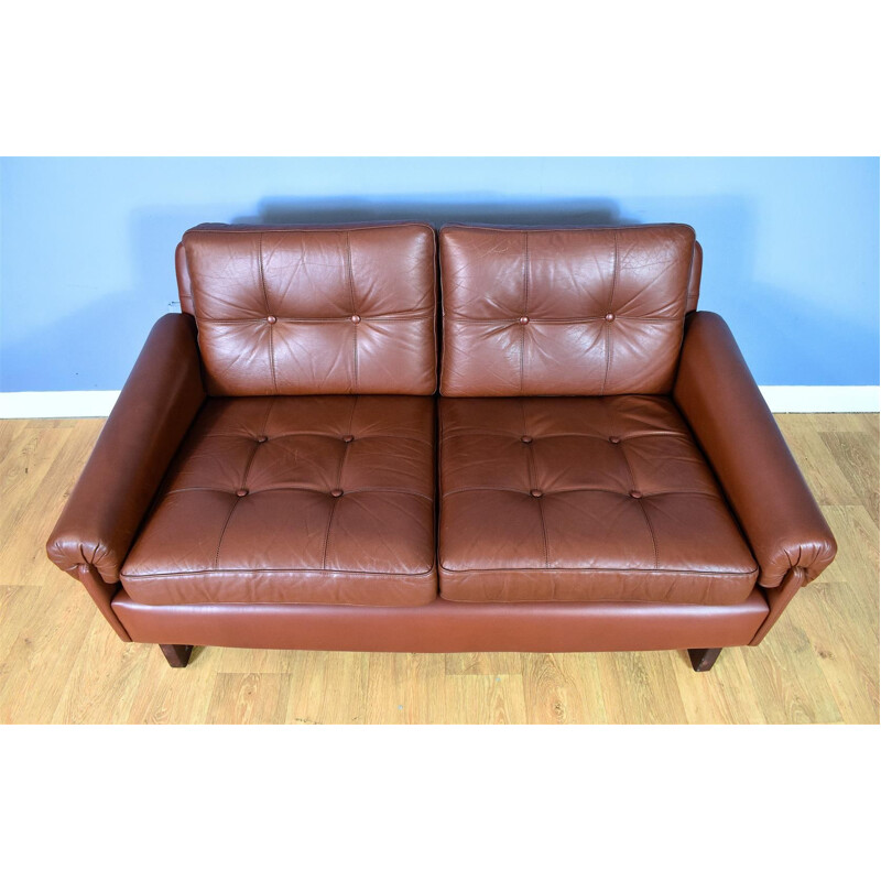 Danish Skippers Mobler Cognac Brown Leather Mid Century 2 Seat Sofa Settee