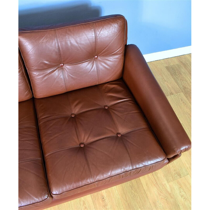 Danish Skippers Mobler Cognac Brown Leather Mid Century 2 Seat Sofa Settee