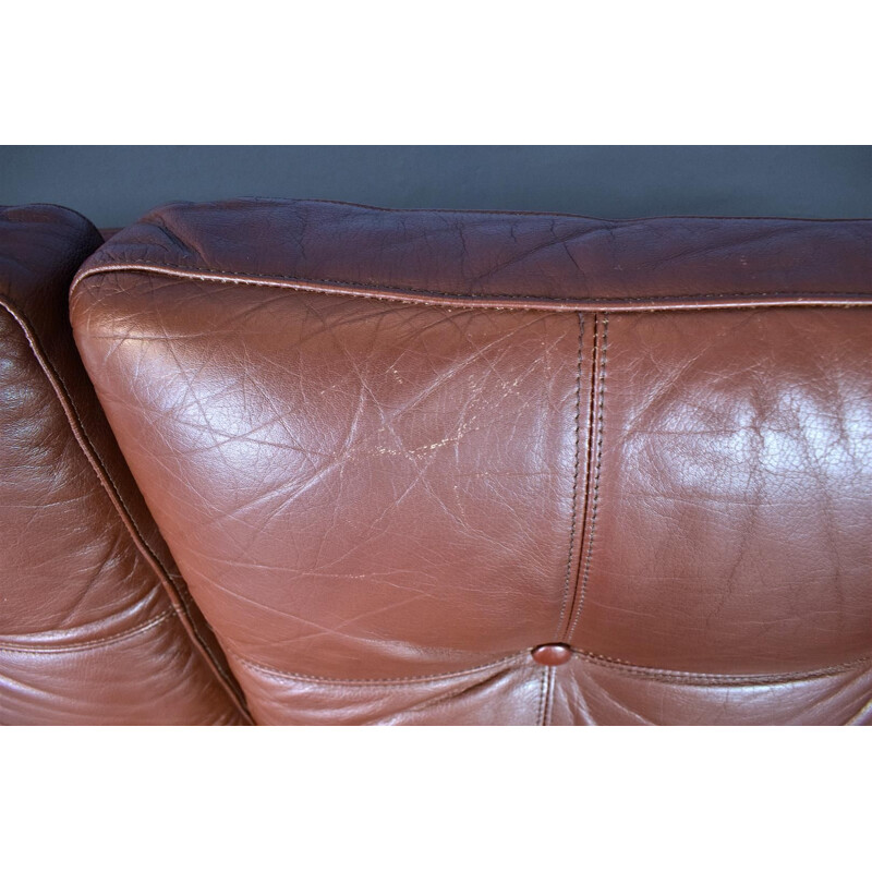 Danish Skippers Mobler Cognac Brown Leather Mid Century 2 Seat Sofa Settee