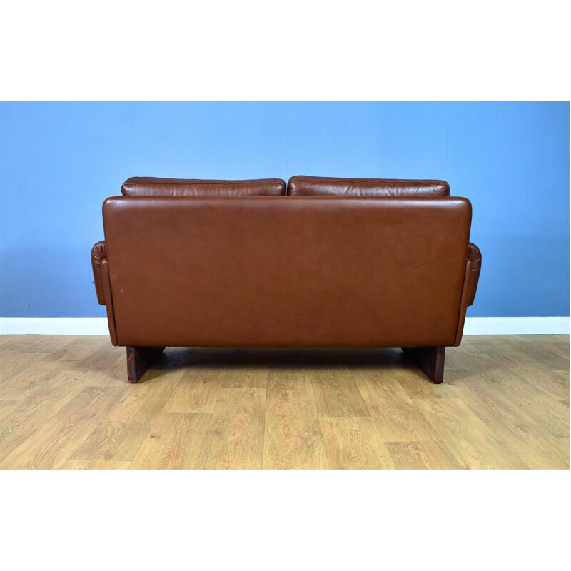 Danish Skippers Mobler Cognac Brown Leather Mid Century 2 Seat Sofa Settee