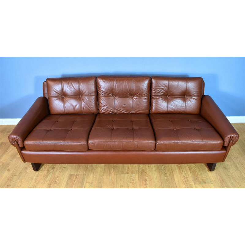 Danish Skippers Mobler Cognac Brown Leather 3 Seat Sofa Settee Mid Century