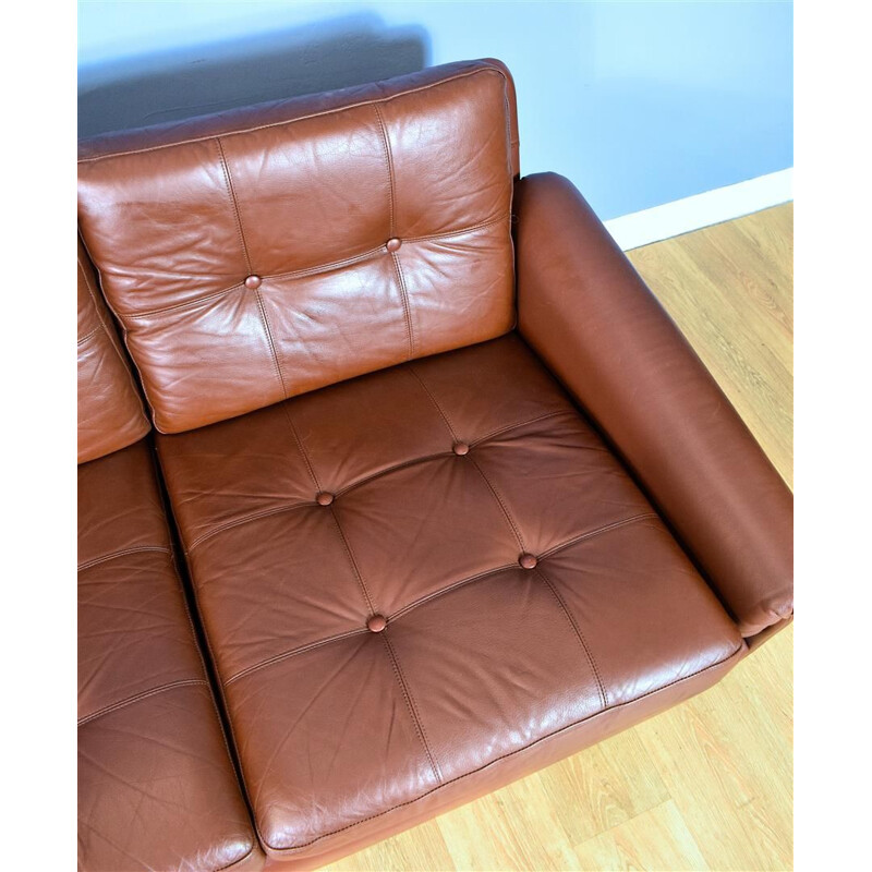 Danish Skippers Mobler Cognac Brown Leather 3 Seat Sofa Settee Mid Century